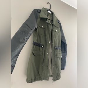 Green long army jacket with faux leather sleeves size medium see comments